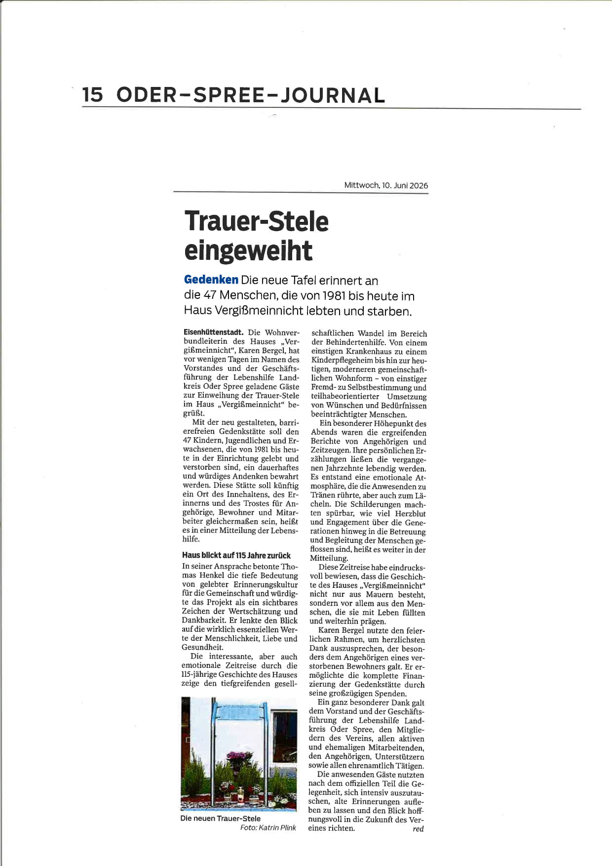 Zeitungsartikel MOZ 10.06.26 Einweihung Trauer Stele_1